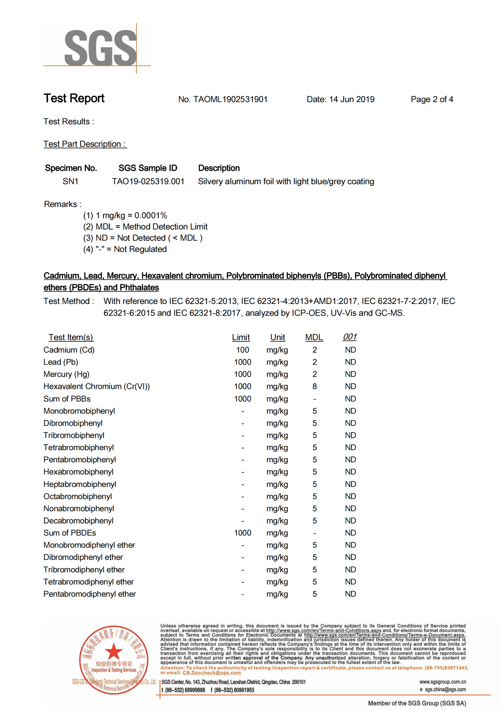 SGS test report heavy metal results Cadmium Lead Mercury